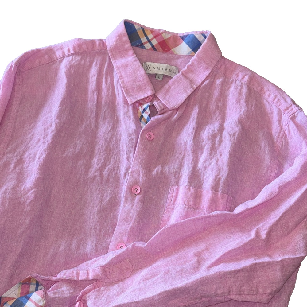 Mamian Pink Linen Button Front Shirt Mens Size Large Plaid Trim